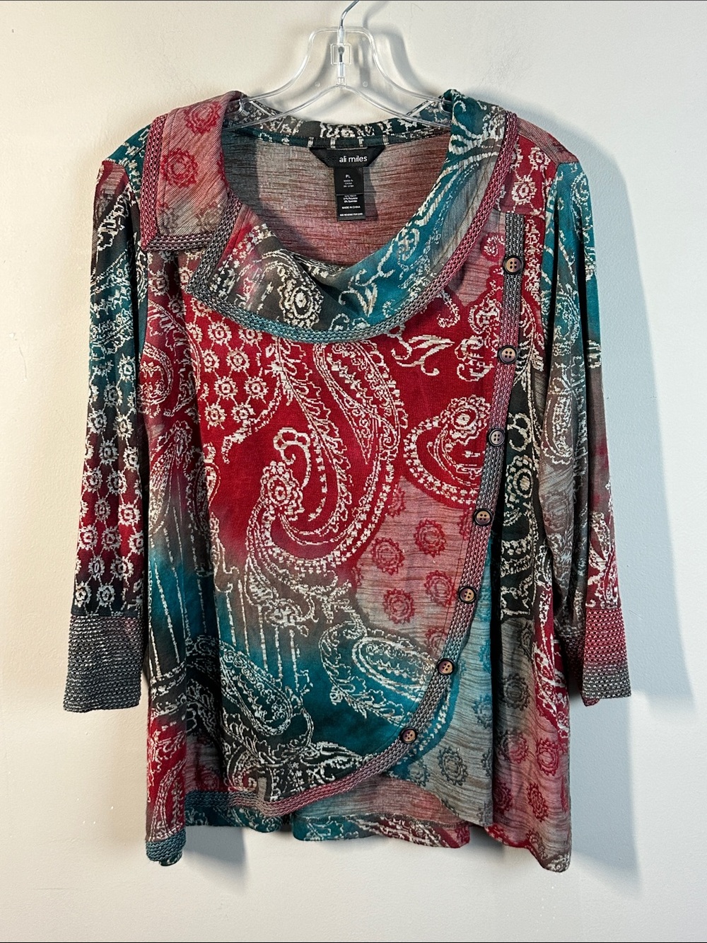 Ali Miles Paisley Tunic Cowl Neck Asymmetrical Button Trim Size PL
Art To Wear